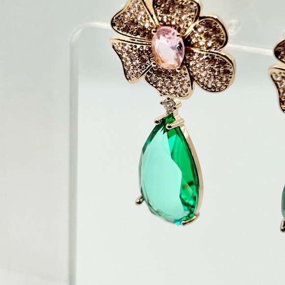 Floral Sparkle Pink & Green Teardrop Dangle Earrings- New! - Picture 3 of 5